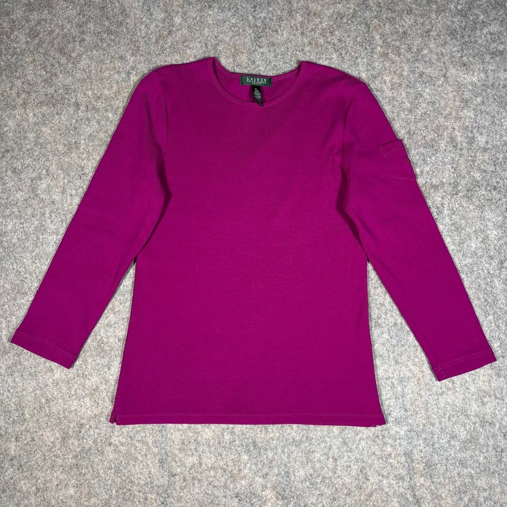 Ralph Lauren Top Womens PL Purple Long Sleeve Ribbed Cotton Crew Neck LRL Pocket
